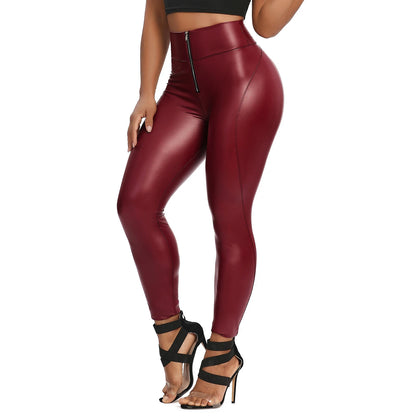 High Waist Zipper PU Leather Yoga Pants